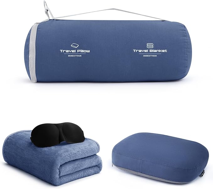 urnexttour 4-in-1 Travel Pillow & Blanket Set with Eye Mask, Memory Foam Neck Support, 50x65 Inch Blanket, Storage Bag for Airplane, Car, Train, Home Travel Blue by Urnexttour