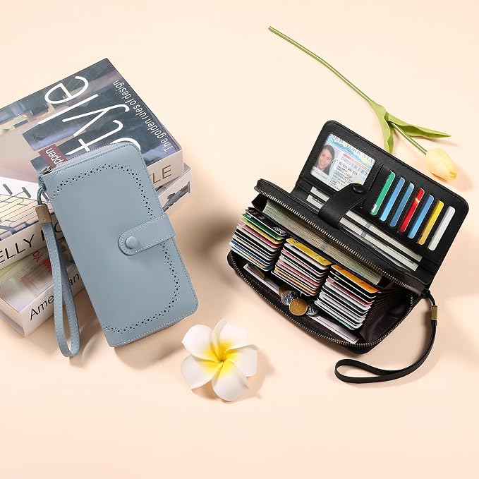 GAEKEAO Leather Credit Card Holder Wallet for Women RFID Blocking Large Capacity Bifold Zipper Card Case Organizer with Wristlet 45 Slots - Image 6