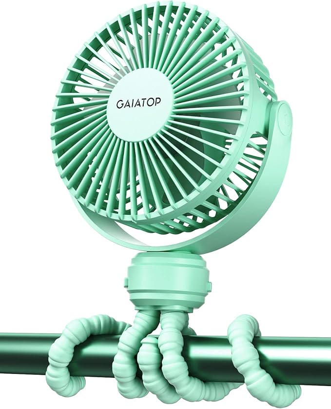 Gaiatop Mini Portable Stroller Fan, Small Clip on Fan 3 Speed Rechargeable | 360° Rotate Flexible Tripod, Battery Operated Detachable, Cooling for Car Seat Crib Treadmill Travel Green by GAIATOP