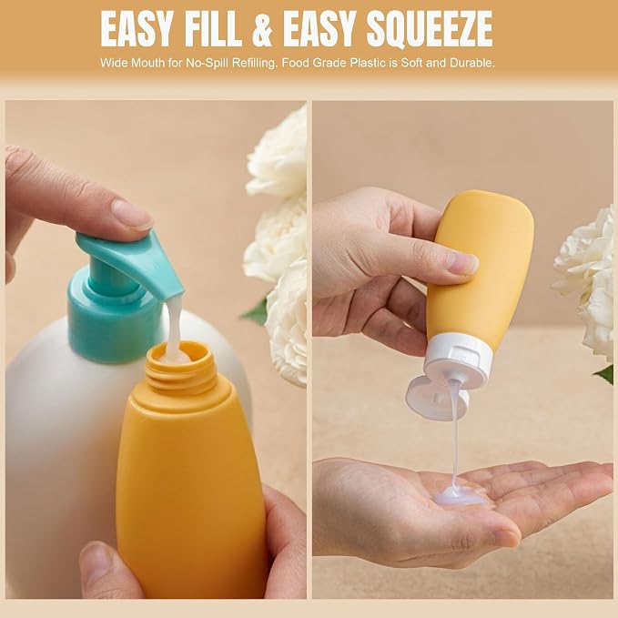 DEWSENSI Travel Bottles for Toiletries 6 Pack, Leakproof 2 oz TSA Approved Travel Size Containers, BPA Free Plastic Shampoo and Conditioner Bottles, Camping Travel Essentials - Image 3
