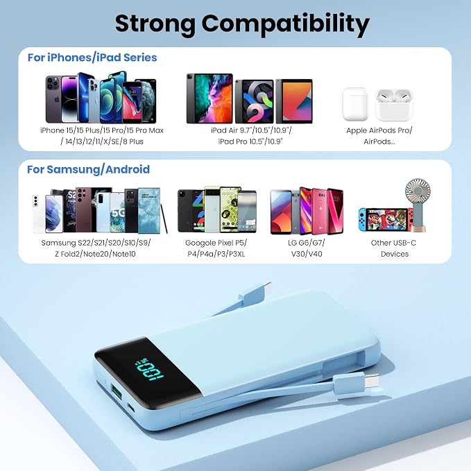 Portable Charger for iPhone with Built in Cables and Wall Plug,Upgraded 13800mAh Fast Charging USB C Power Bank,4 Outputs Travel Essential Battery Pack Compatible with iPhone 17/16/15/14,-Light Blue - Image 4