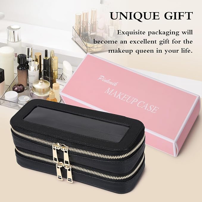 Pinkmik Double Layer Makeup Bag, Black, Double SLIM | Makeup Brush Case, Waterproof, Travel Cosmetic & Toiletry Organizer, - Image 7