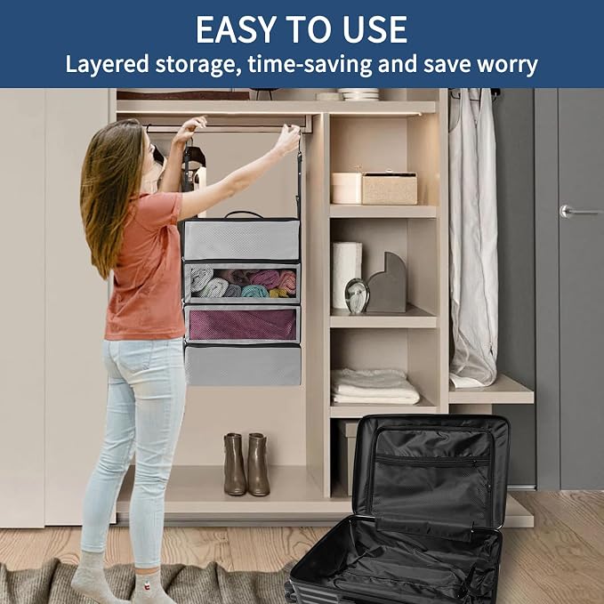 esouler Suitcase Organizer, Travel Luggage Organizer hanging packing cubes for travel，portable hanging travel shelves Collapsible closet organizer for Carry-on (Grey, Medium) - Image 6