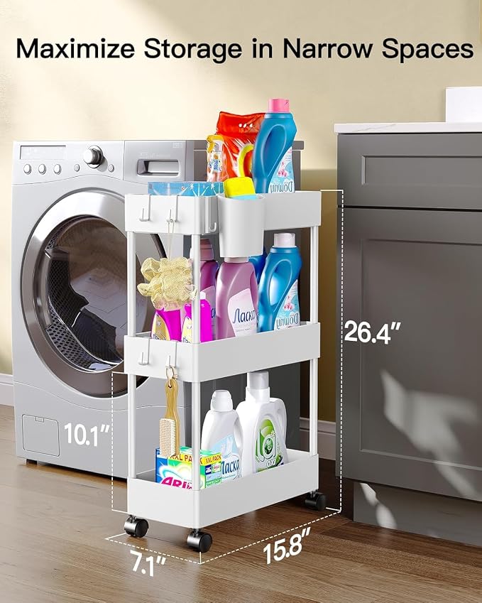 Pipishell 3 Tier Slim Storage Cart with Wheels, Bathroom Cart, White | 7.1 inch Wide - Fits Narrow Spaces, Storage Cup and 6 Hooks, Ventilation Holes, Durable ABS Material, Detachable Wheels - Image 2