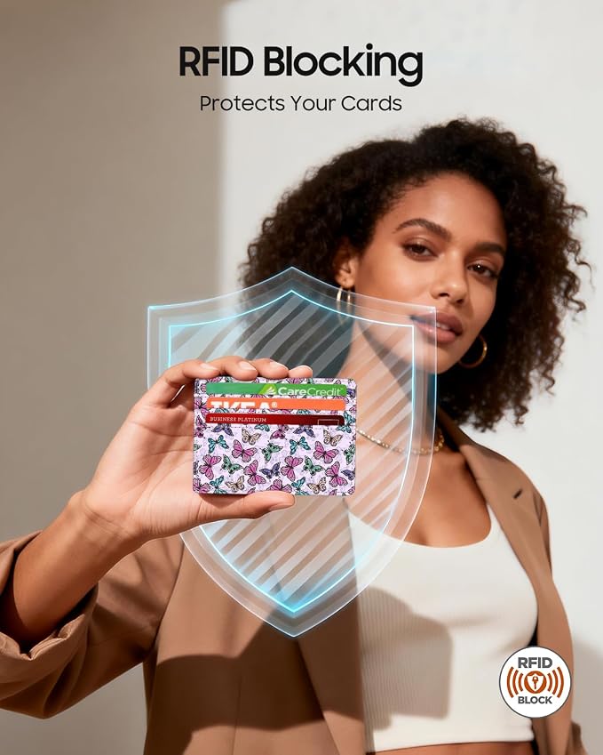 FINTIE Slim Minimalist Front Pocket Wallet RFID Blocking Credit Card Holder | Card Cases with ID Window for Men Women, butterfly - Image 3