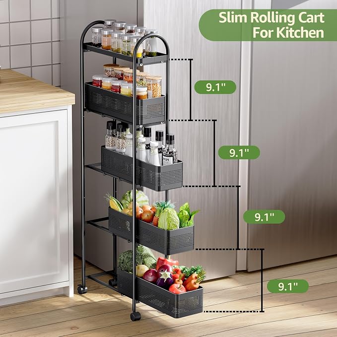 KINGRACK 5 Tier Slim Rolling Cart with Drawer, Metal Utility Storage Cart | 4 Pull-out Baskets, Lockable Wheels, Narrow Space Trolley Organizer for Bathroom, Kitchen, Office, Dorm, Laundry Room, Black - Image 8