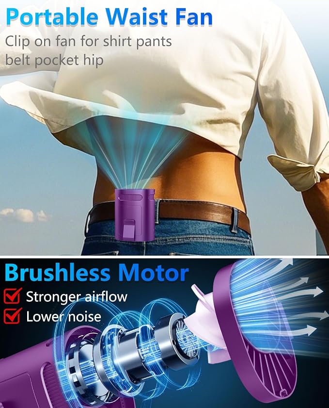 Waist Fan Clip on-Mini Lightweight Portable Fans Rechargeable Under Shirt Belt Pants Body Fans that Blow Cold Air,Waistband Cooling Fan,Powerful Small Personal Hanging Neck Cooler AC Travel Black - Image 3