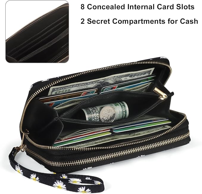 RFID Blocking Cellphone Wallet for Women with Wrist Strap, Double Zipper Travel Clutch Purse Large Capacity, Daisy - Image 4