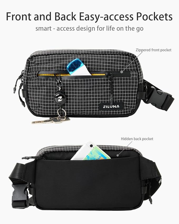 2L Sling Bag for Men & Women - Anti-Theft RFID Blocking Fanny Pack with Lockable Zippers, Water Resistant Lightweight Crossbody Bag for Travel Hiking Running Gym Walking Daily Use(Black Plaid) - Image 5