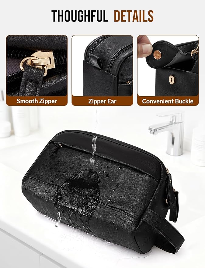 PU Leather Toiletry Bag for Men - Water Resistant Travel Bag for Toiletries, Bathroom Essentials, Accessories - Black - Image 5