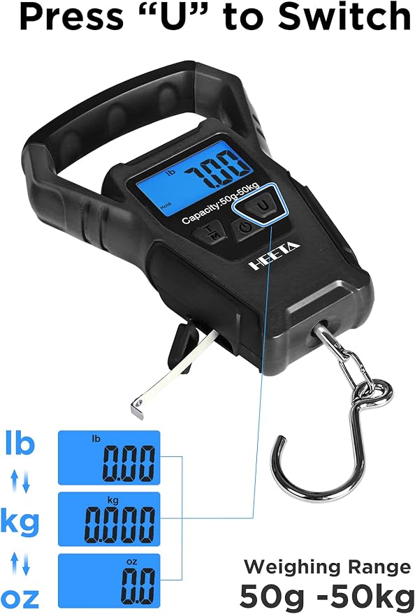 HEETA Waterproof Fish Scale Digital Hanging Fishing Luggage Weight Scale | Up 110lb/50kg Portable Scale with Backlit LCD Display, for Home & Outdoor, Measuring Tape and 2 AAA Batteries Included - Image 5