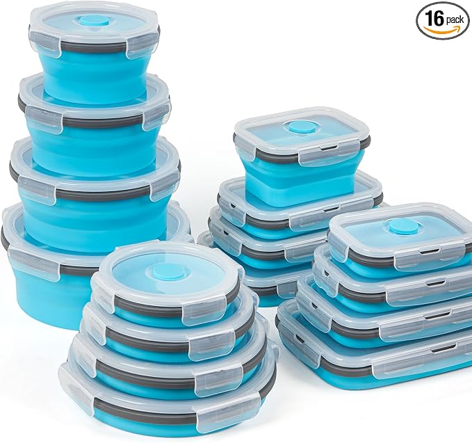 Collapsible Silicone Food Storage Containers Set with Lid & Air Vent, Foldable Lunch Containers, 16 Pack (8 Rectangular + 8 Round Bowls), BPA-Free, Space-Saving by SiliseaDirect