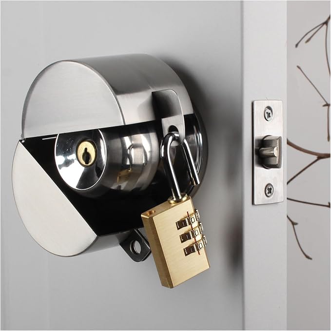 Door Knob With Lock,Without Drilling ,Dementia Door handle lock，From Outside Prevents Turning of Door Knob and Access to Keyhole,for Apartment Evictions，Childproof (Stainless steel with padlock) by TEMEILI