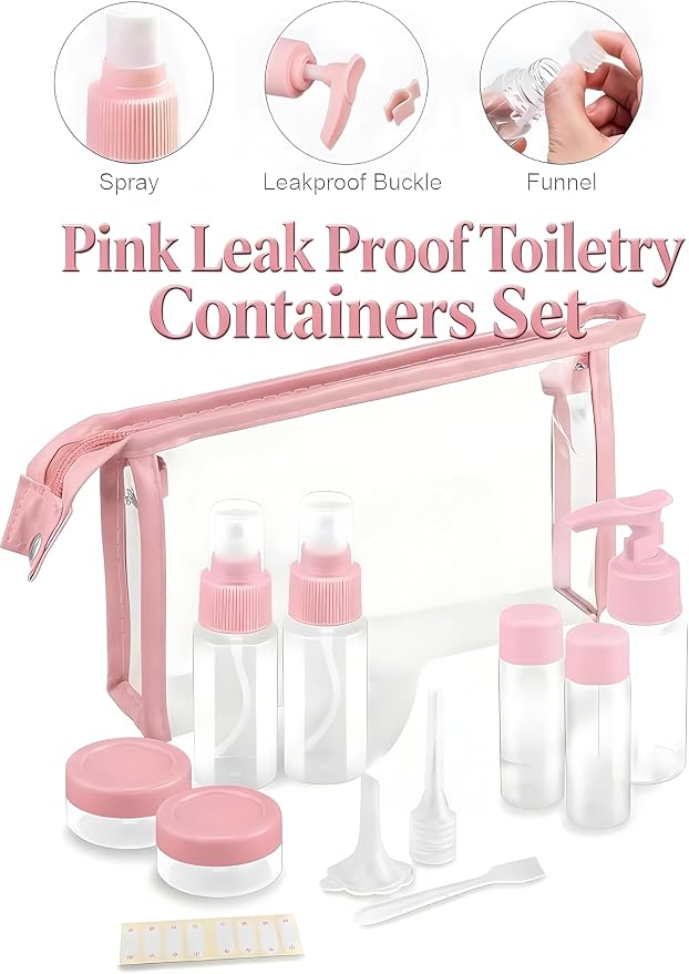 11-Pack Pink Travel Bottles Kit, TSA Approved Leak Proof Portable Toiletry Containers Set, Clear PET Flight Size Cosmetic Containers for Lotion, Shampoo, Cream, Soap - Image 7
