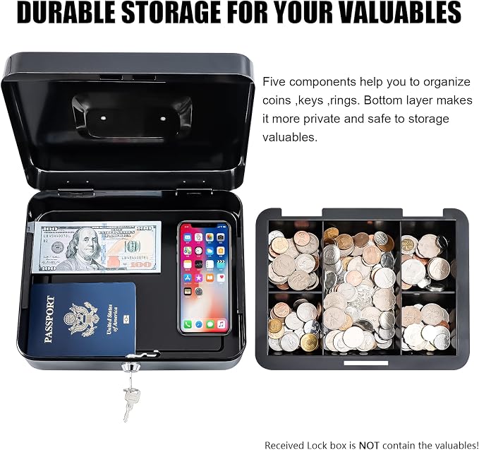 KYODOLED Large Cash Box with Removable Money Tray, Key Lock Metal Storage Box with 2 Keys & Portable Handle, Safe Cash Drawer, 9.84"x 7.87"x 3.54", Black Large - Image 4