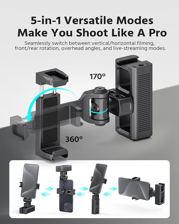 Phone Clip Rig Stabilizer for Smartphone, Lightweight Handheld Vlogging Rig with 360° Rotation, Grip & Cold Shoe Mounts | Compatible with Most Smartphones (for Arri-Standard) - Image 2