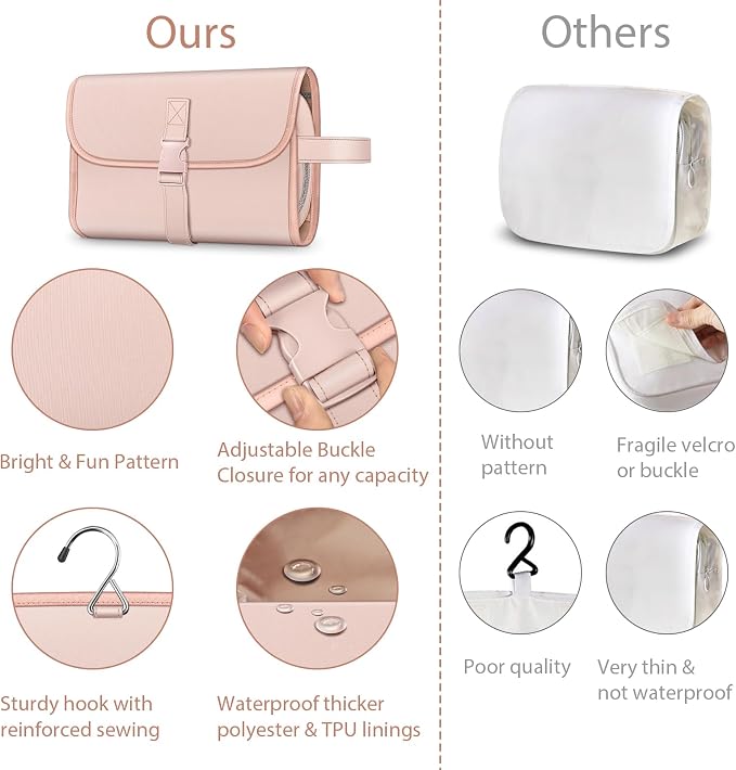FINTIE Portable Toiletry Cosmetic Travel Bag Hanging Makeup Organizer | Large Water Resistant Storage Pouch Case, For Women Girls, Pink - Image 5