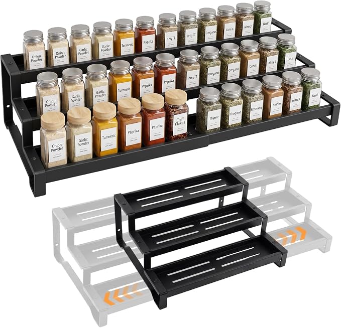 Spice Rack Organizer for Cabinet, 3-Tier Expandable 14.37"–26.02" Seasoning Organizer Shelf – Sturdy Metal Spicy Shelf for Jar & Bottle Storage in Kitchen Cabinet & Pantry, Black by Umomi