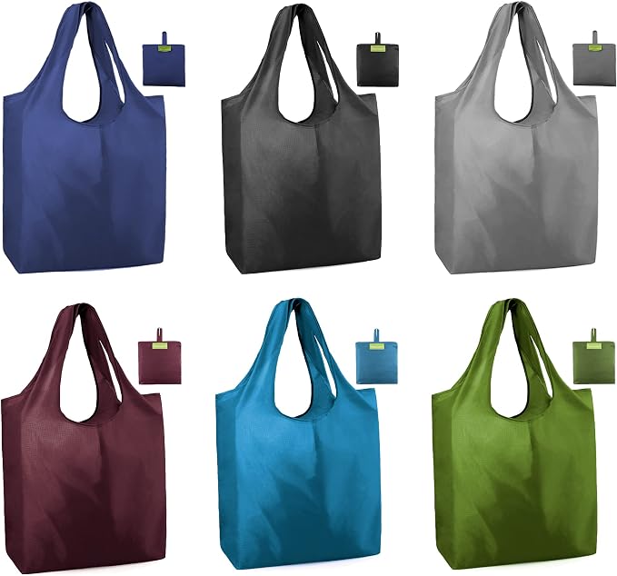 BeeGreen Reusable Bags Tote Bags for Women - 6 Pack Bulk Extra Large Reusable Gifts Bag with Handles - Heavy Duty Foldable Machine Washable Travel Grocery Bag Organizer (Packable Shopping Bags)​ by BeeGreen