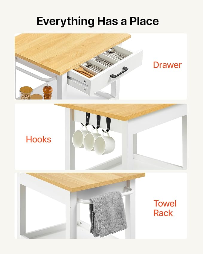VEVOR Kitchen Island Cart with Single Door Cabinet, Mobile Carts with Drawer, Towel Rack, Hooks, Portable Table on Swivel Wheels, Small Coffee Islands Microwave Stand for Dining Room, 18x23 in, White - Image 6