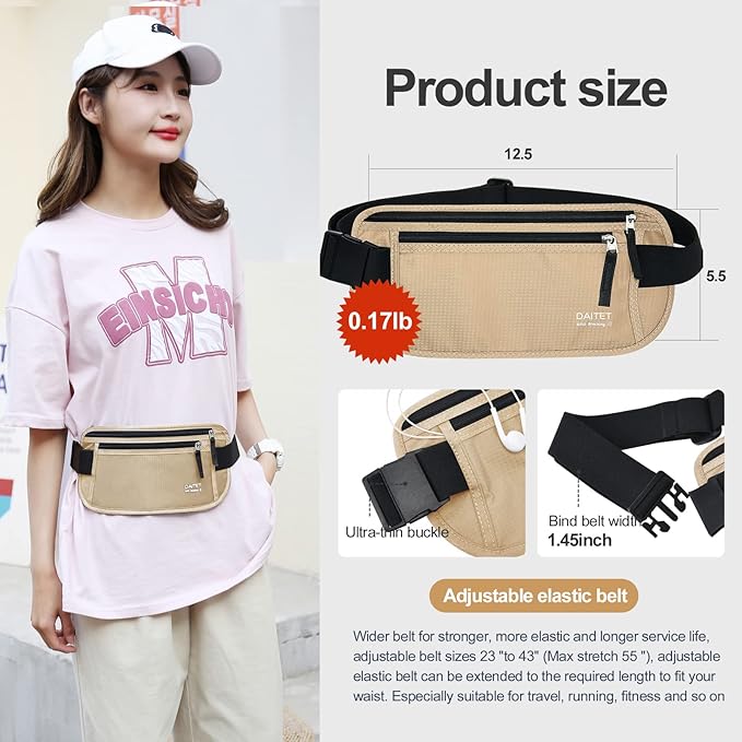 RFID Blocking Money Belt for Men Women, Slim Fanny Pack For Travel，Running,Conceal Waist Wallet For Passport Holder,Phone,Cash(Black Beige), Black Beige - Image 5