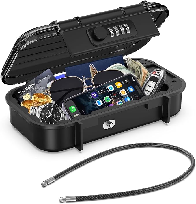 LOFICOPER Portable Lock Box, Beach Security Box for Travel, Anti-Theft 4-Digit Combination Lock Box, Cash Box with Removable Wire Rope for Dorm, Gym, Travel, Hotel, Office by LOFICOPER
