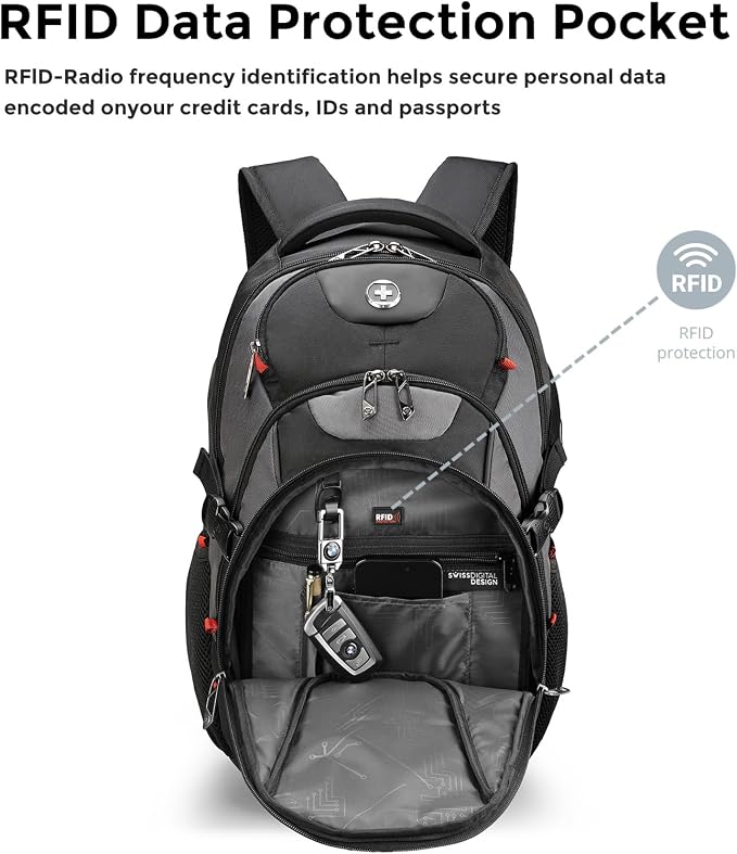 Swissdigital Design Laptop Backpack with USB Charging Port, Travel Backpack Fits 15.6 inches Computer, 31l College School Backpack for Men, Black/Grey | SD803-02 - Image 5