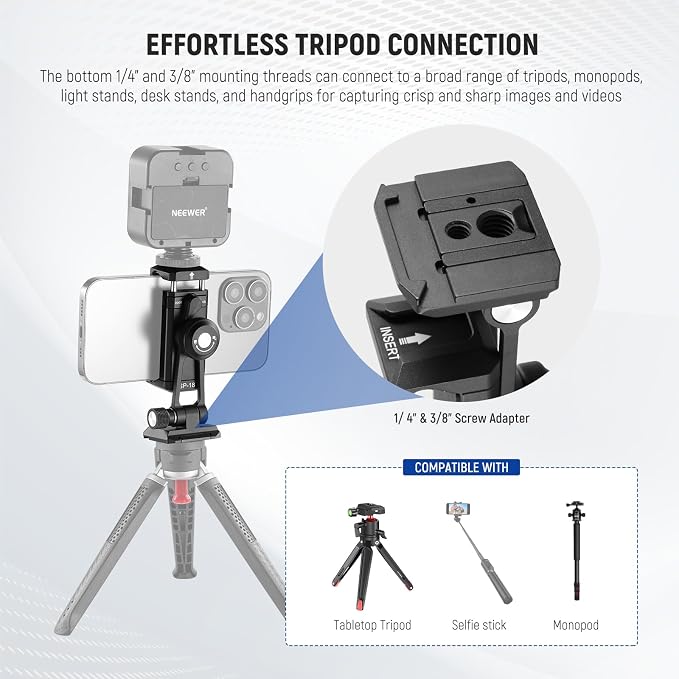 NEEWER Phone Tripod Mount Adapter with Arca Type QR Base, Cold Shoe, SP-18 | 1/4" 3/8" Holes, 360° Swivel, 180° Tilt, Phone Holder Compatible with iPhone Samsung Arca Swiss DJI RS 4 Pro 3 2 Stabilizer - Image 7