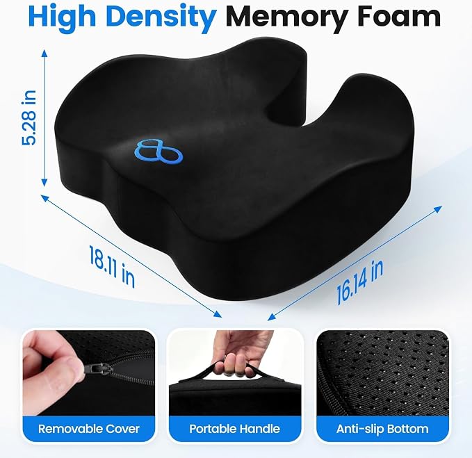 Seat Cushion, Non-Slip Memory Foam Chair Cushion for Taibone, Black/X-Large | Chair Pillow with Handles for Car Office Chair, Tailbone/Sciatica Easing& Post-Surgery Recovery Chair Cushion - Image 2