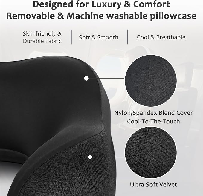 Memory Foam Travel Neck Pillow for Airplane, Neck Support, Black | Airplane neck pillow for long flights, breathable & washable cover, eye mask, earplugs, ergonomic support, compact travel bag - Image 3