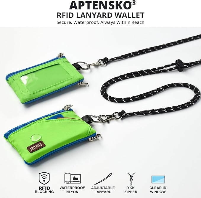 RFID Blocking Travel Wallet with Adjustable Lanyard, Small Nylon Zipper Pouch and Badge Holder for ID, Credit Cards, Cash, Keys, Commuters (Green) - Image 2