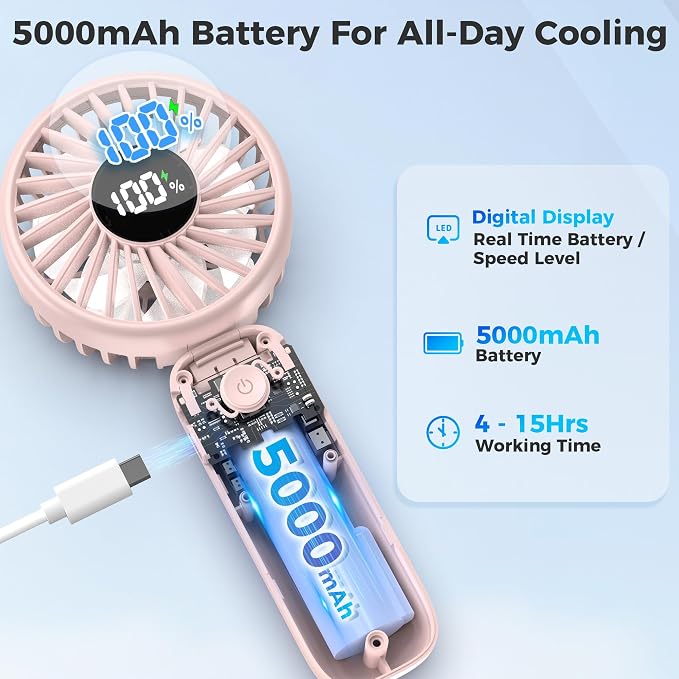 Handheld Fan Foldable, 5000mAh Rechargeable Hand Fans with Powerful Cooling, 4 Speeds, LED Display, Portable Fan for Travel,Concerts,Makeup,Lash,Outdoor Events,Gifts Women - Image 4