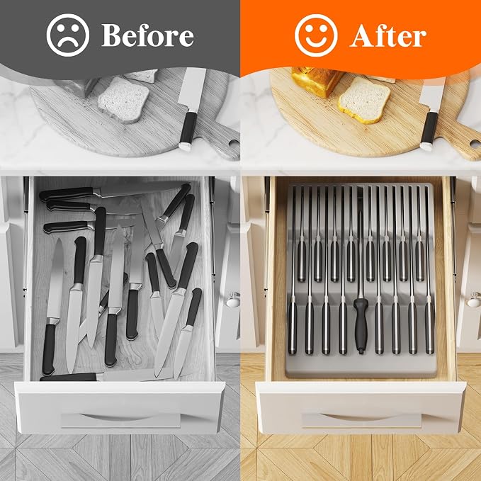 Lifewit Magnetic Drawer Knife Organizers Insert Pastic for 16 Knives, Gray | Kitchen Plastic In Drawer Knife Block Slots, Steak Chefs Knives Holder Storage for 16 Knives and 1 Sharpening Steel 16.5" - Image 9