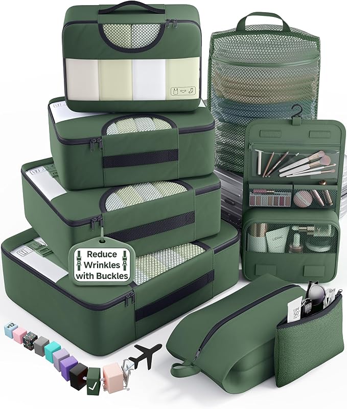 Veken 8 Set Packing Cubes for Travel Essentials,Anti-Wrinkle Buckled Suitcase Organizer for Shoe & Toiletry Bag,Carry On Luggage Bag with 99+ Count Mesh Holes for Airplane & College Dorm Accessories by Veken