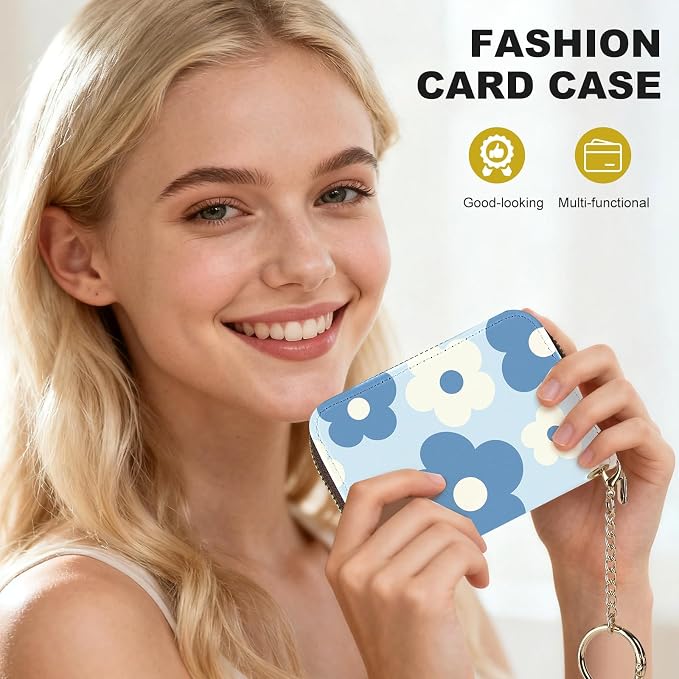 Credit Card Holder for Women,Small Rfid Wallet with Keychain Zipper,Cute PU Leather Card Case Wallet，Accordion Credit Card Wallets Gift,Blue and White Flowers - Image 6