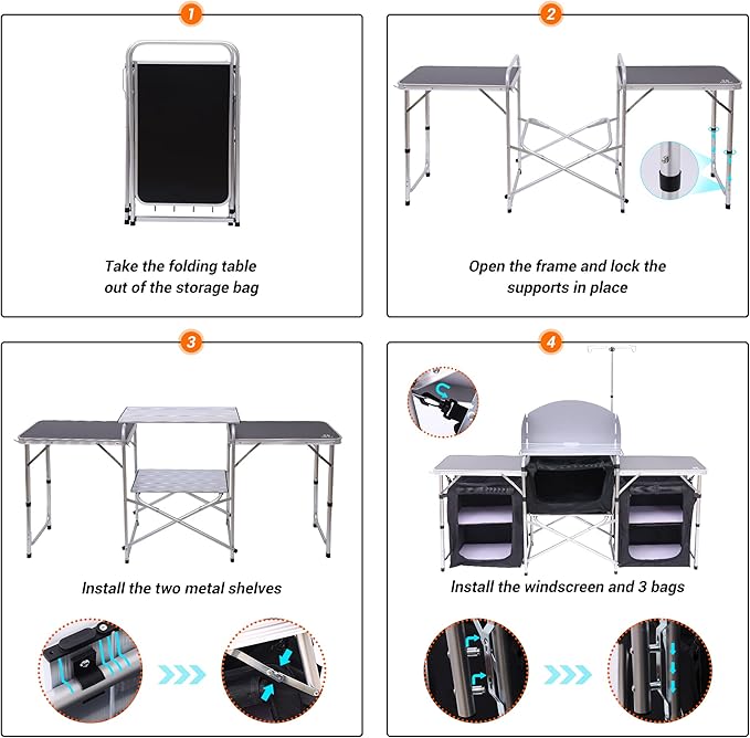 Nice C Camping Kitchen Table, Folding Cook Table, Cook Station (Silver) | Portable Grill Table, Upgraded Light Stand, Windshield, 3 Organizers, Carry Bag, Grill, Outdoor, Beach, BBQ, Picnic, Cooking - Image 5