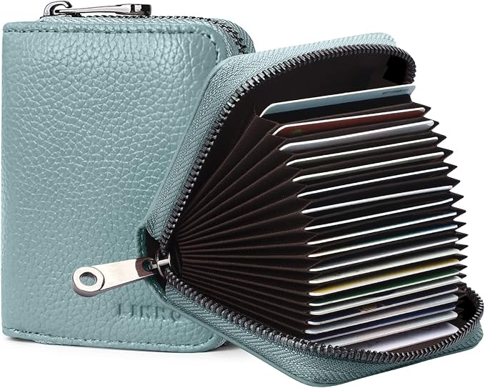 Linno RFID 20 Slots Credit Card Holder Genuine Leather Small Wallet for Women or Men with Zipper by Linno