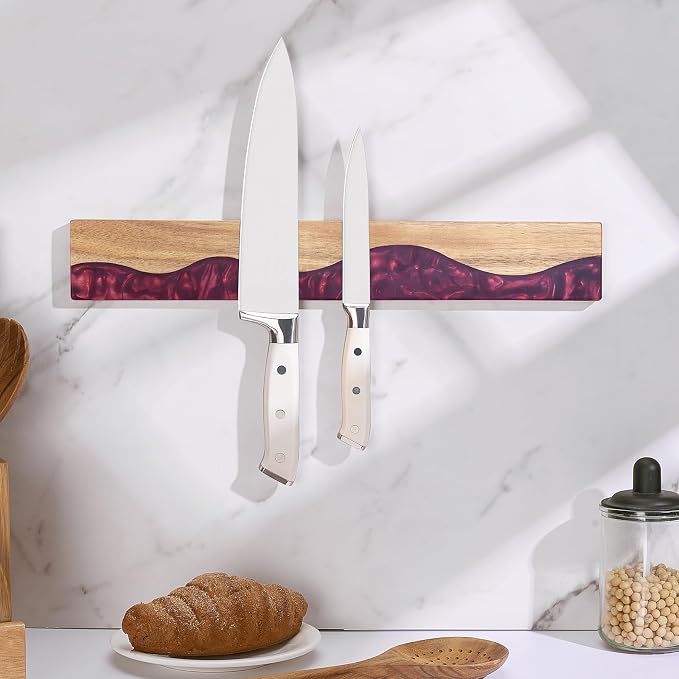 Magnetic Knife Holder for Wall 16 Inch, Acacia Wood Epoxy Resin Magnetic Knife Strip Bar, Powerful Magnet Kitchen Knife Storage Rack, Space-Saving Wall Mounted Organizer ("Ruby" Red Resin) - Image 2