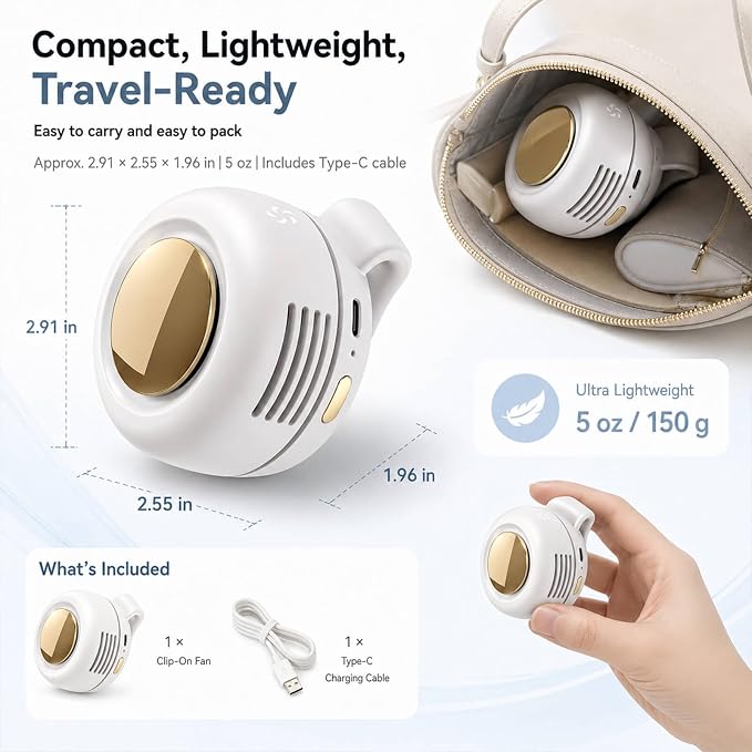 Clip on Fan, Portable Wearable Personal Mini Fan for Shirt & Waist, 3-Speed Quiet Bladeless Rechargeable Fan, USB-C, 360° Adjustable Hands-Free Cooling for Travel Outdoor Office (White) - Image 9