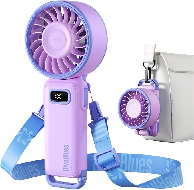 Diveblues Portable Turbo Fan, Purple Personal Neck Fan, Small Travel Fan | 7.4m/s High Speed, 180° Foldable 4-in-1, 100 Speed Stepless Control, USB-C Rechargeable by Diveblues