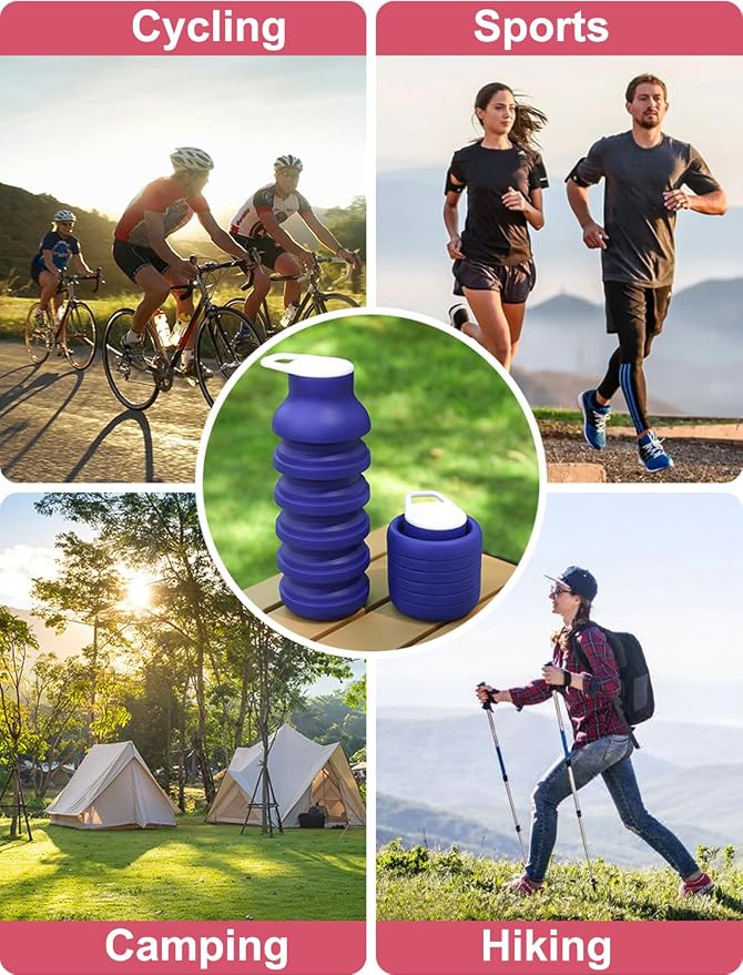 Collapsible Silicone Water Bottle 20oz - Foldable Travel Bottle Leakproof, BPA Free, Space Saving for Gym, Hiking & Travel, Dishwasher Safe(Includes carabiner and cleaning brush),dark blue - Image 4