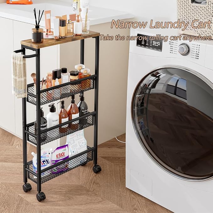 Slim Rolling Cart 5 Tier Narrow Storage Cart on Wheels with Handle | Lockable Wheels, Wood Top Panel, Metal Frame Utility Carts for Kitchen, Dining, Living, Home Office, Laundry Room - Image 5