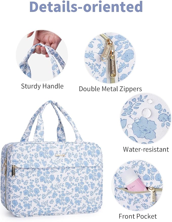 Narwey Floral Hanging Travel Toiletry Bag, Makeup Bag Organizer Make up Toiletries Bags for Full Size Essentials, Accessories, Brushes, Cosmetics (Blue Flower, Large) - Image 5