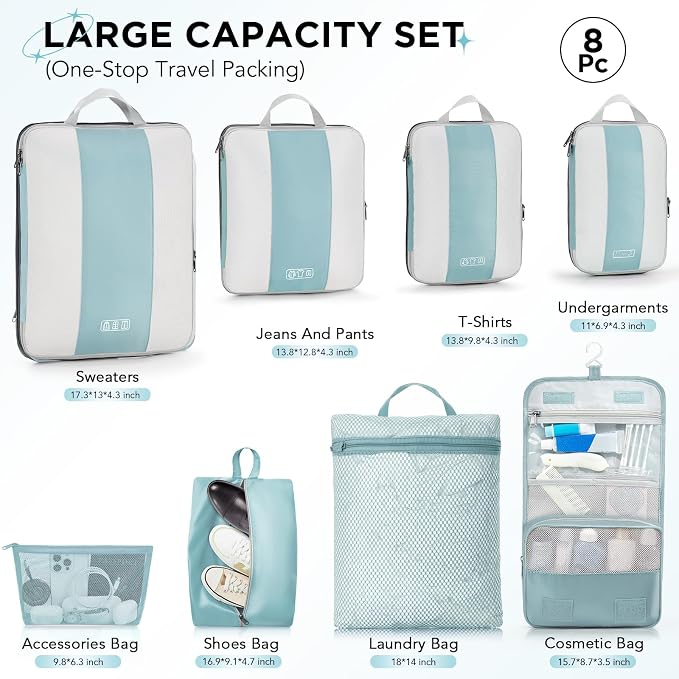 OlarHike 8 Set Compression Packing Cubes for Travel Essentials,Compressible Expandable Space Saver Bags for Organizing Clothes,Luggage Suitcase Garment Bags with Over 1000 pcs Mesh Holes(Blue Gray) - Image 2