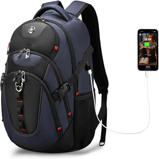 Swissdigital Design Laptop Backpack with USB Charging Port, Travel Backpack Fits 15.6 inches Computer, 31l College School Backpack for Men, Blue/Black | SD803-12 by SwissdigitalDesign