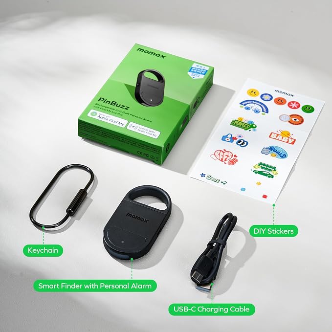 Momax Key Finder Tracker Tag – Smart Personal Alarm Rechargeable Tracking Device with SOS Alert & LED Strobe, Find My (iOS Only), Anti-Lost Tags with Keychain, Travel Gadget for Women, Girls, Black - Image 8