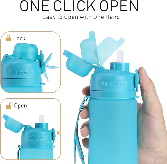 TakeToday Collapsible Water Bottles 21oz (600mL), Foldable Platinum Silicone Travel Water Bottle with Straw & Carry Strap, Leak-Resistant Screw Lid, Wide Mouth, BPA-Free for Hiking, Camping, Travel - Image 9