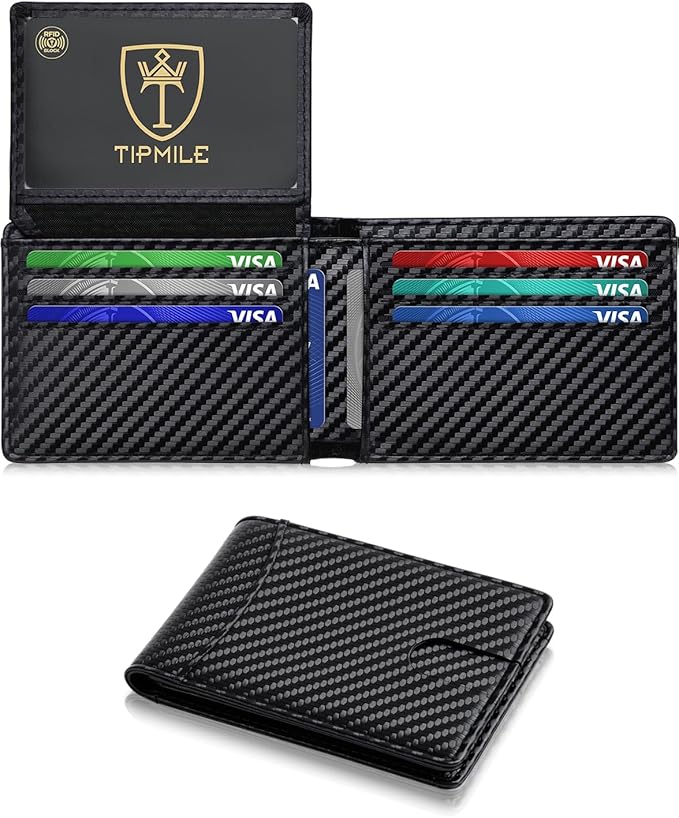 Tipmile Wallet for Men Slim RFID Blocking Credit Card Holder, Minimalist Men Wallets 12 Cards with 2 ID Windows & Cash Slot, Bifold Front Pocket Wallet Gifts for Men by Tipmile