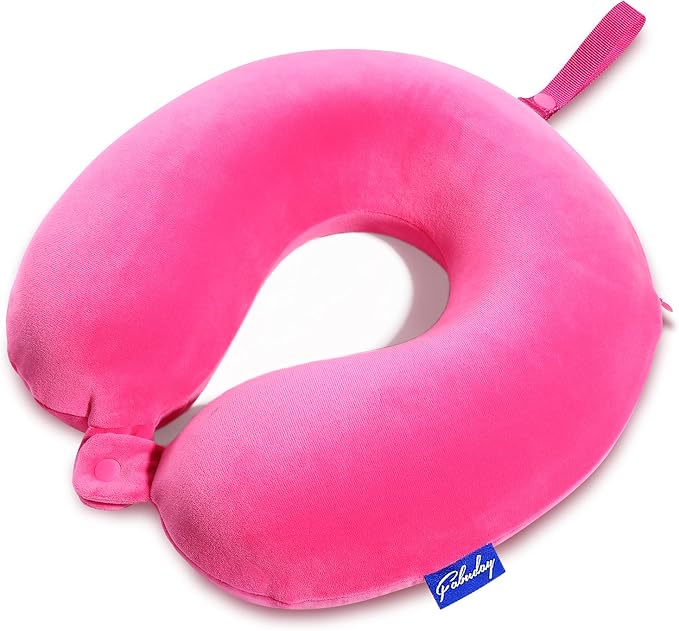 Memory Foam Neck Pillows for Travel - Travel Neck Pillows for Airplanes with Attachable Snap Strap Soft Washable Cover, Flight Neck Pillows Provide Neck Rest for Traveling, Car, Home, Office, Pink by Fabuday