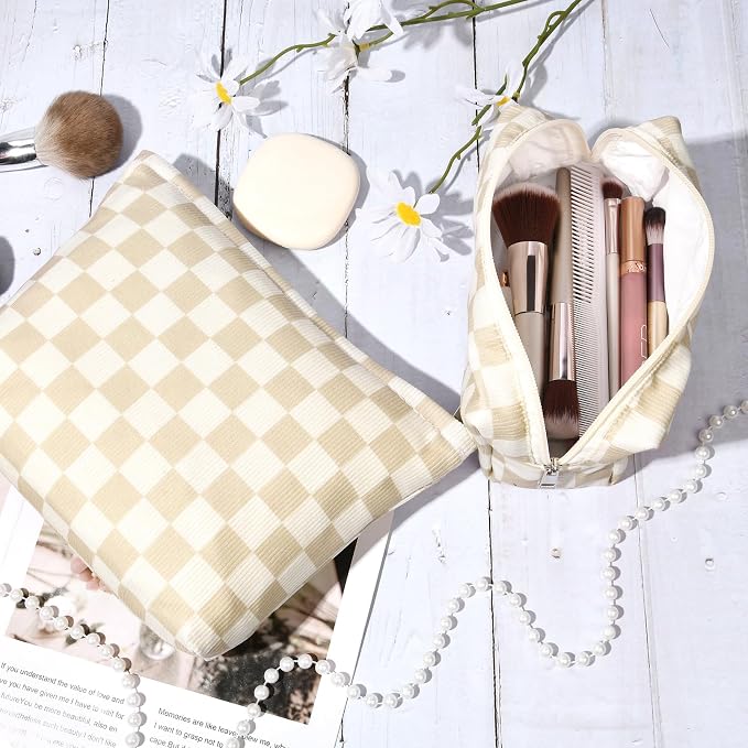 SOIDRAM 2 Pcs Checkered Makeup Bag Large Cosmetic Bag Toiletry Bag Makeup Pouch Travel Bag Organizer Cute Makeup Brushes Aesthetic Accessories Storage Bag for Women Brown Checkered - Image 3